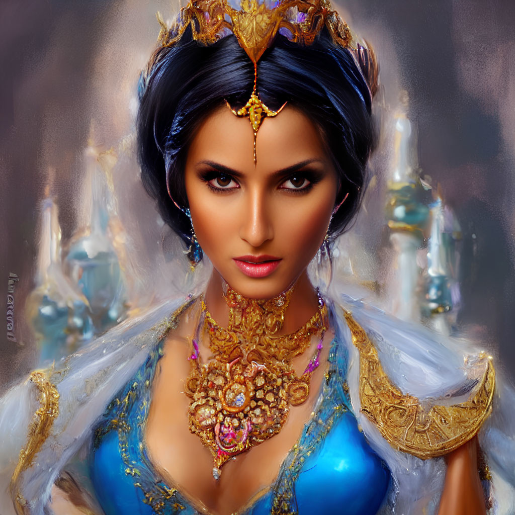 Majestic woman in golden crown and blue dress with jewelry