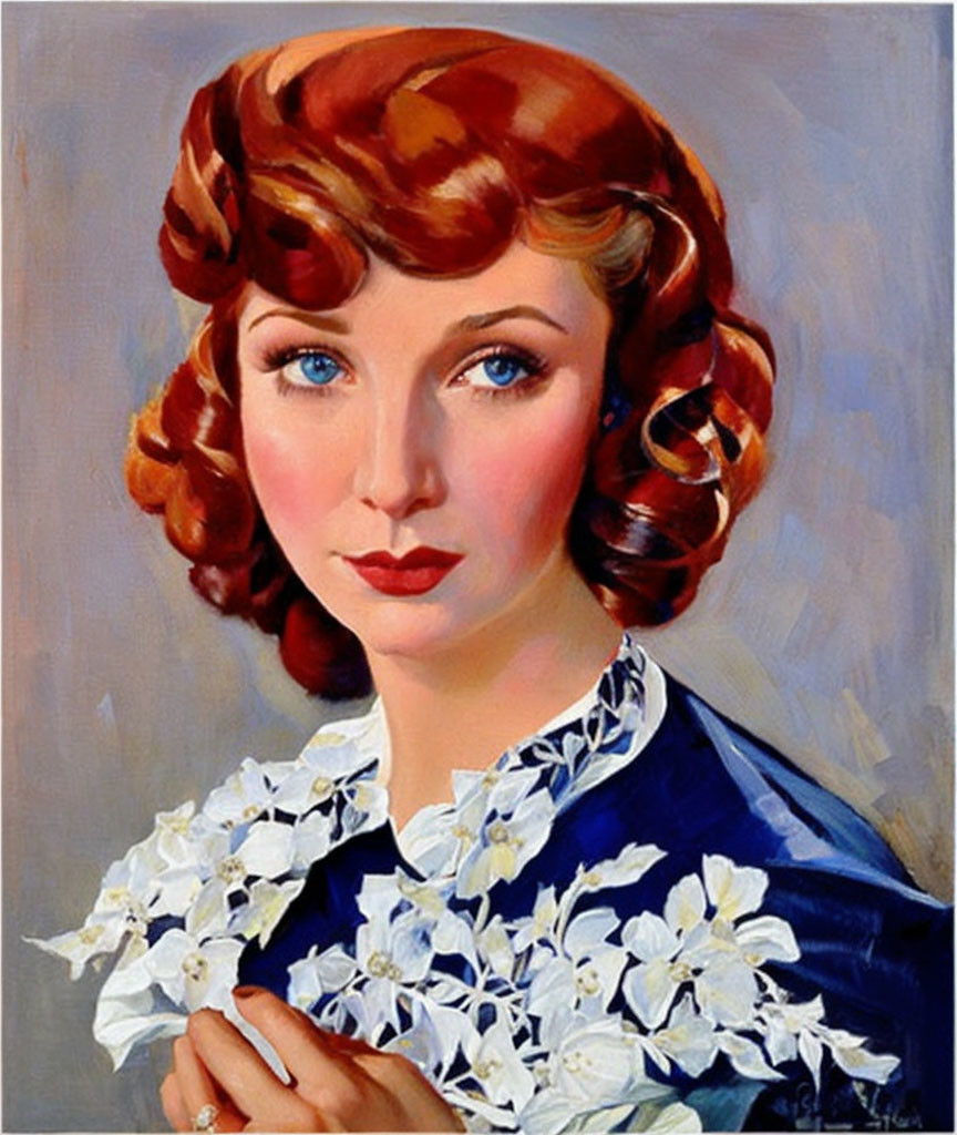 Portrait of woman with red wavy hair, blue eyes, blue blouse, holding white flowers