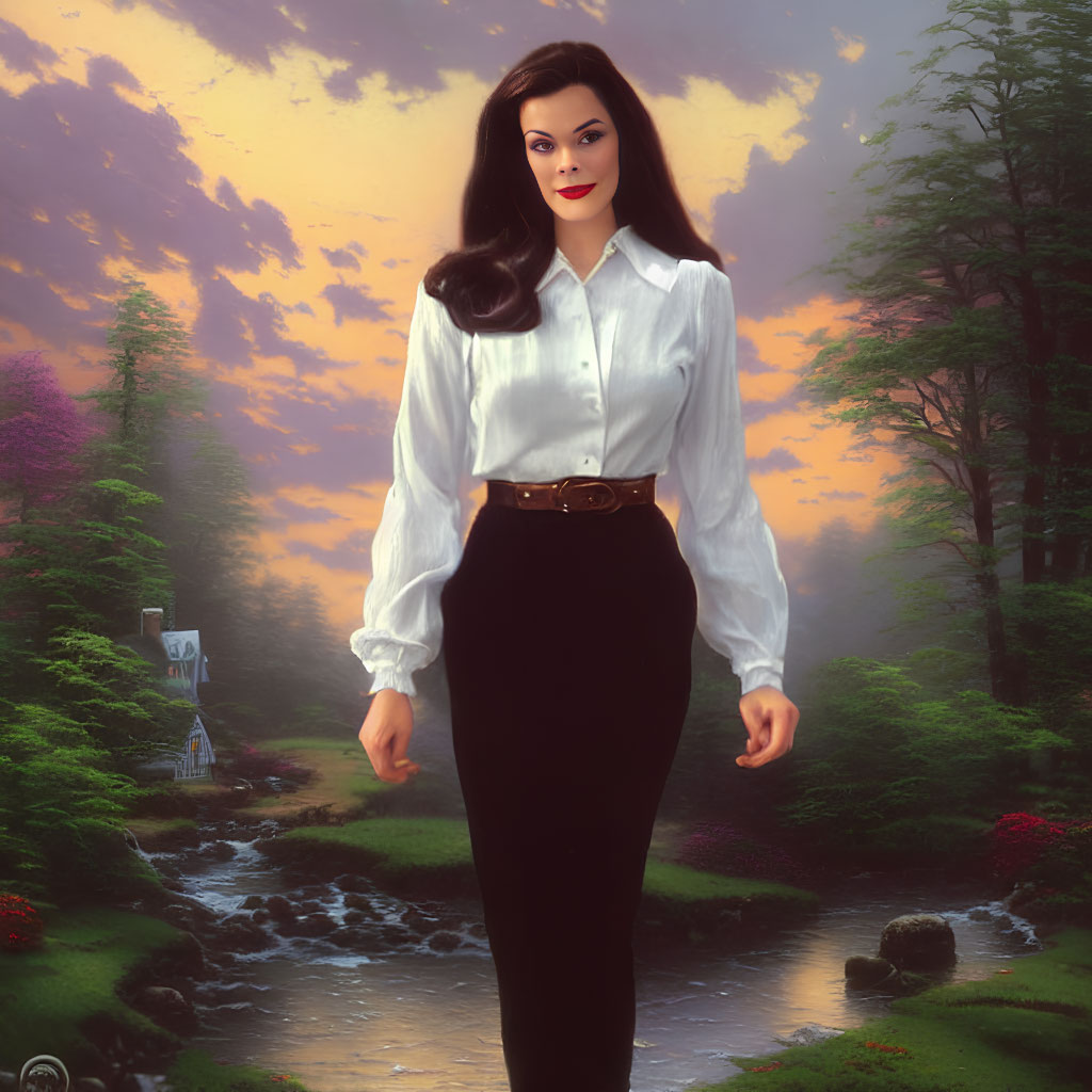 Dark-haired woman in scenic landscape with stream, trees, and house at dusk