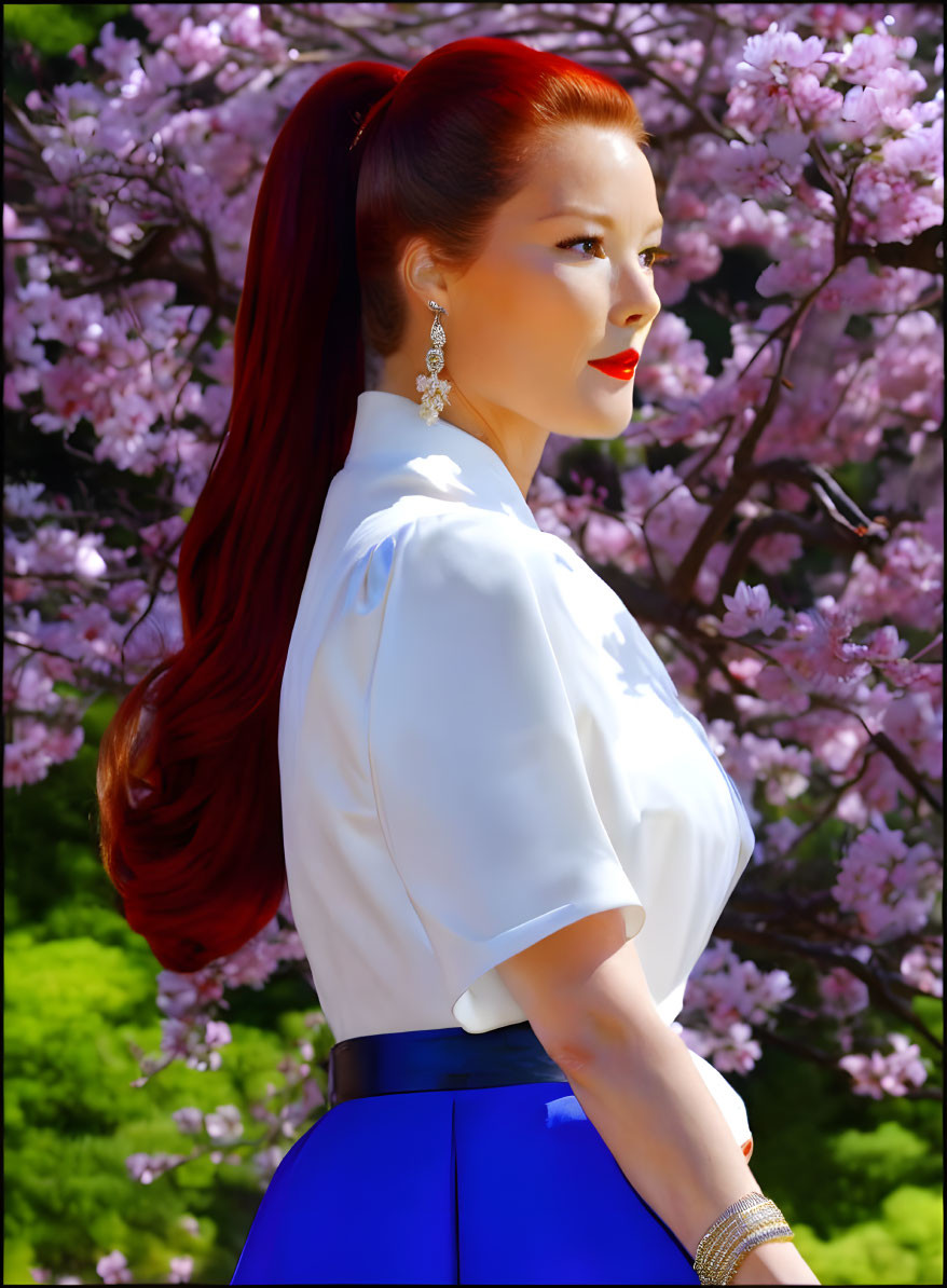 Red-haired woman in ponytail with white blouse and blue skirt among pink cherry blossoms