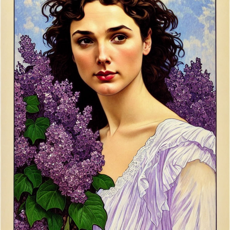 Vintage Romantic Painting of Woman with Curly Hair and Lilacs