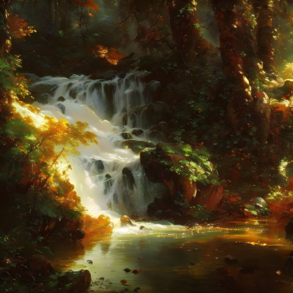 Tranquil waterfall in lush forest setting