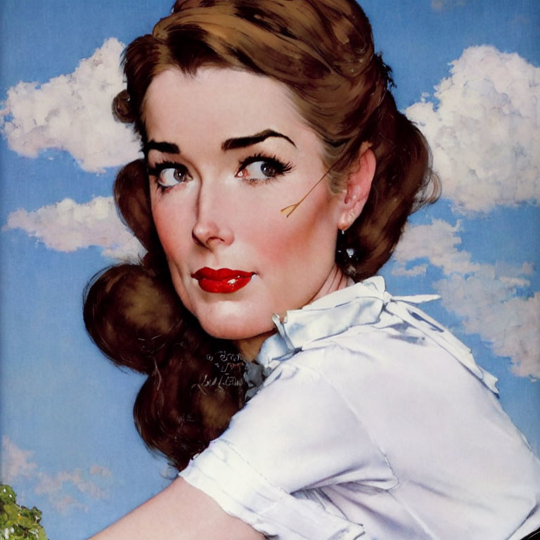 Portrait of woman with red lipstick and brunette hair in vintage style attire against blue sky.