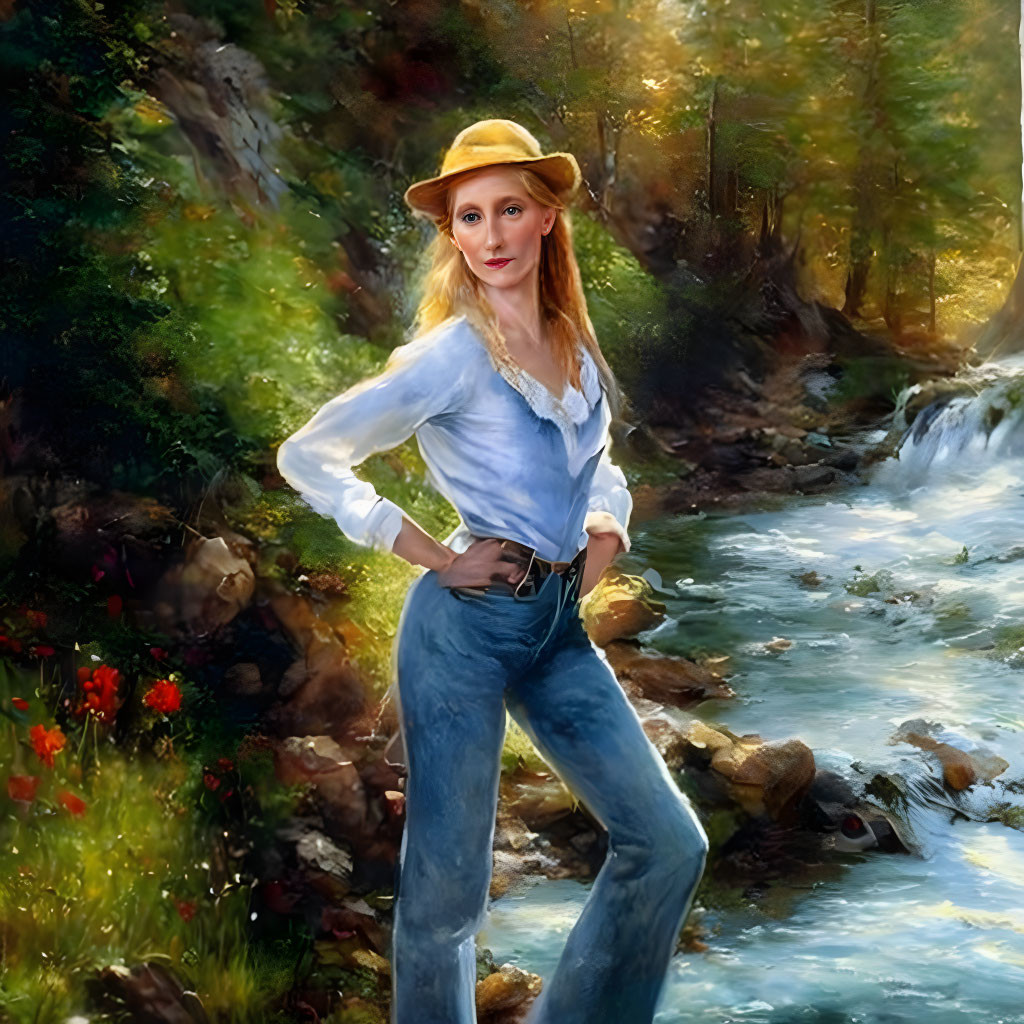 Woman in white blouse and jeans by forest stream in confident pose with hat under sunlight.