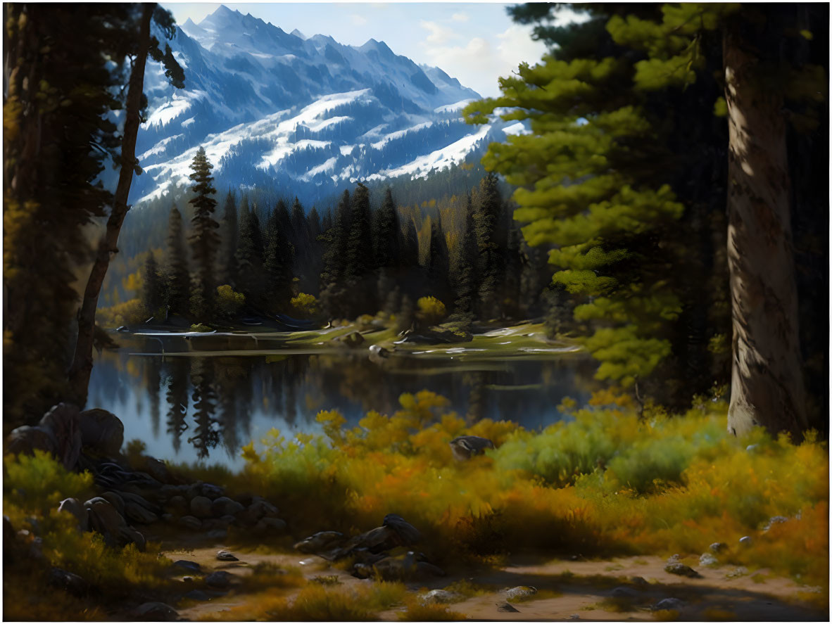 Tranquil mountain landscape with reflective lake, pine trees, and snow-capped peaks