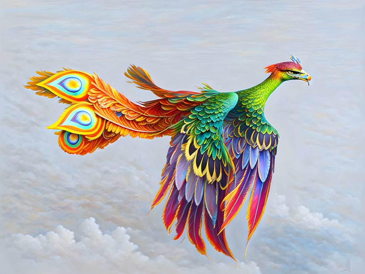 Colorful Fantastical Bird Soaring in Cloudy Sky