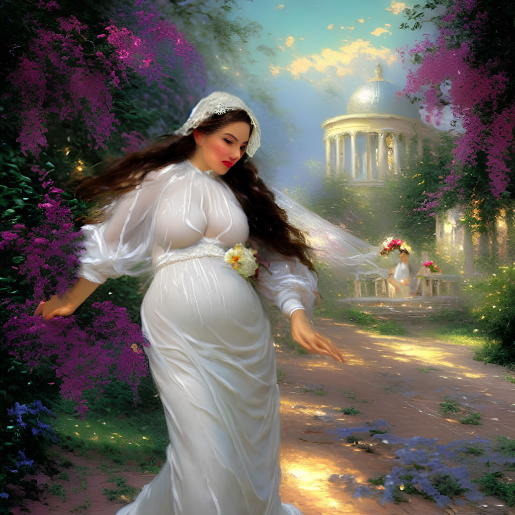 Pregnant Woman in White Gown in Garden with Purple Flowers