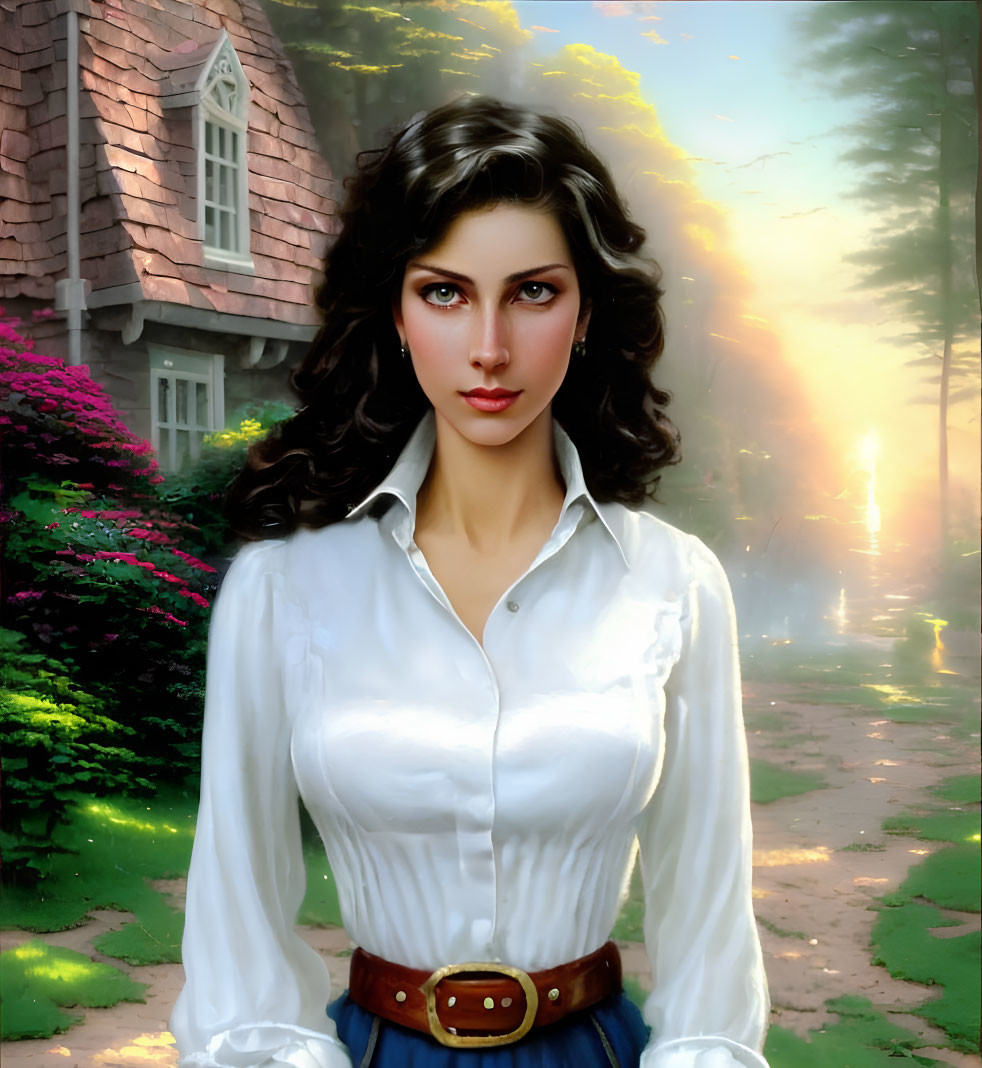 Dark-haired woman in white shirt and brown belt, standing by cottage and forest.