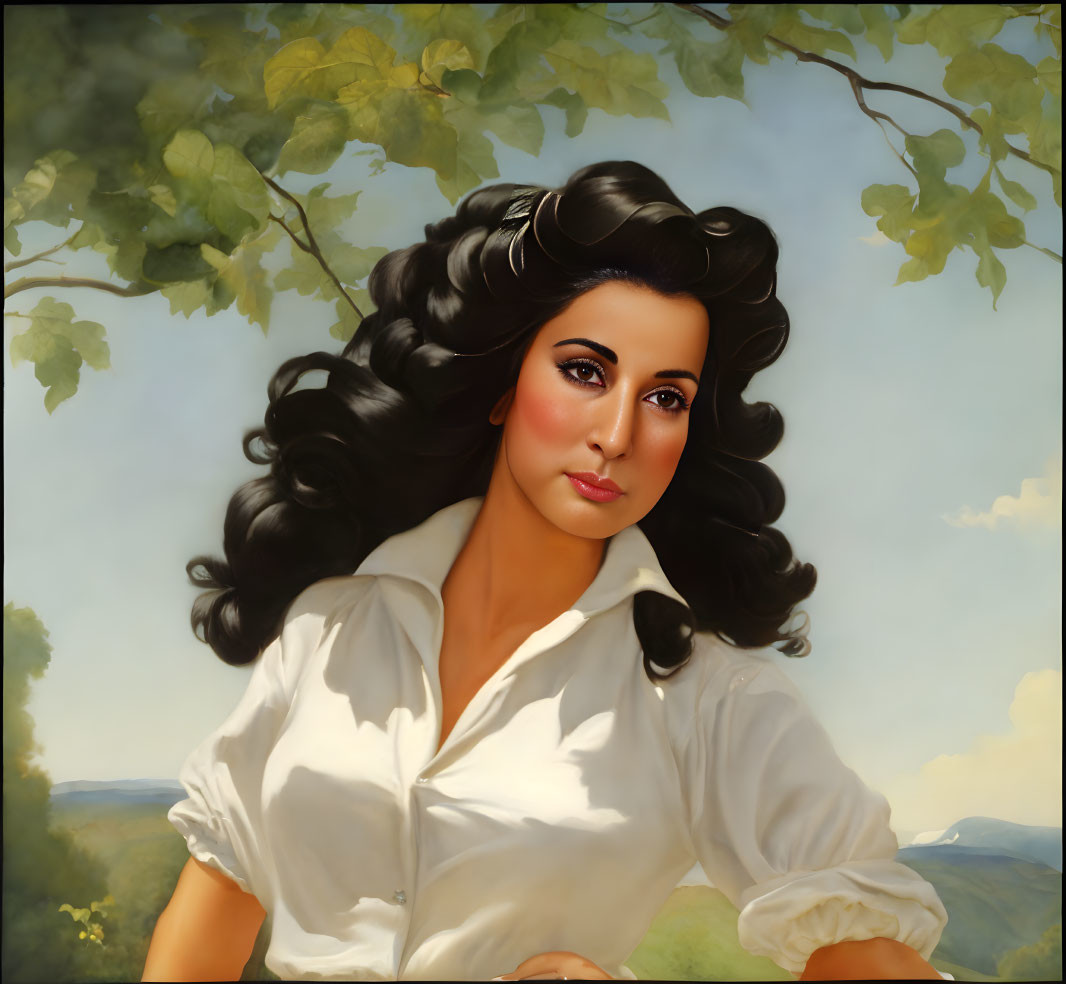 Portrait of woman with dark hair in white blouse against pastoral landscape