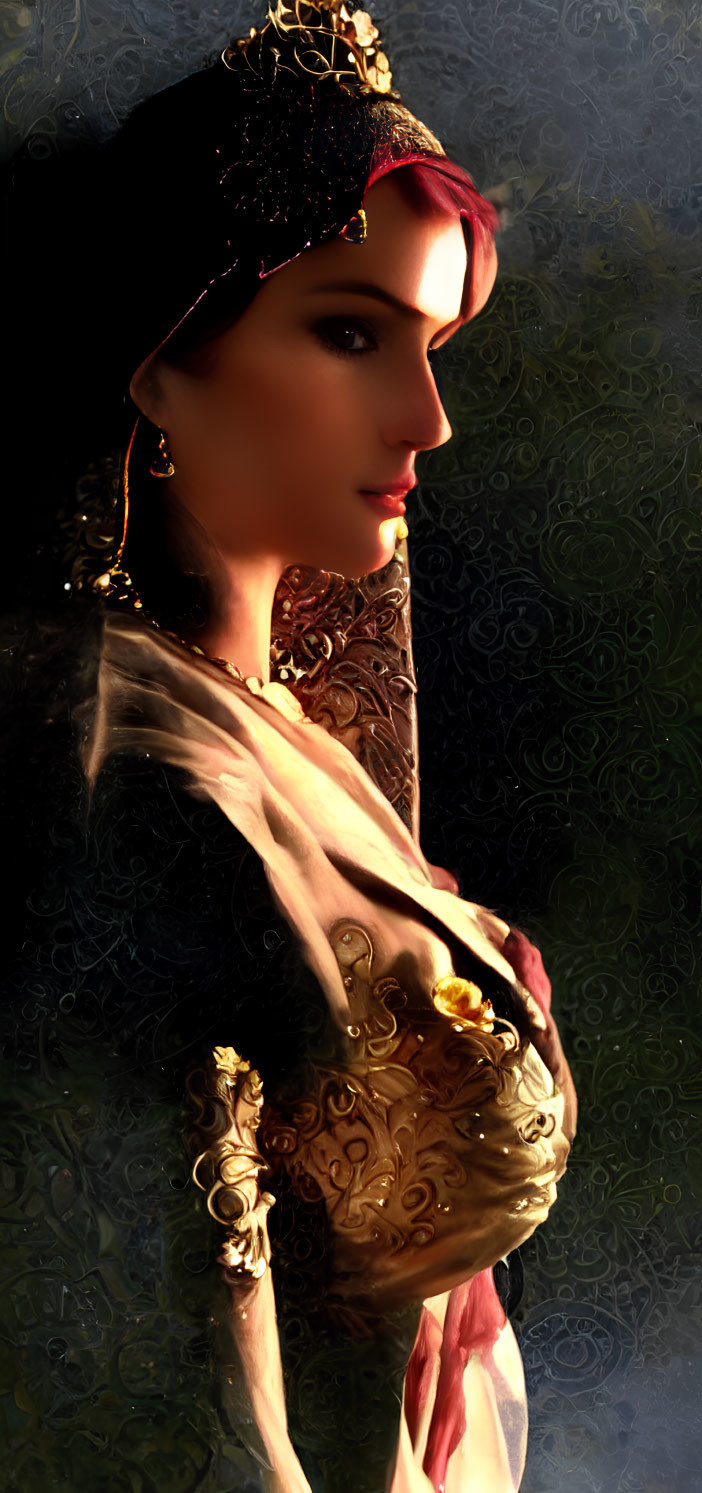 Elegant woman in tiara and ornate dress on golden backdrop