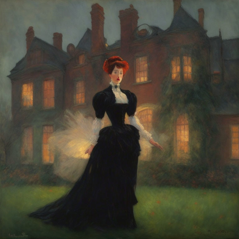 Victorian woman in black dress at dusk by grand manor house