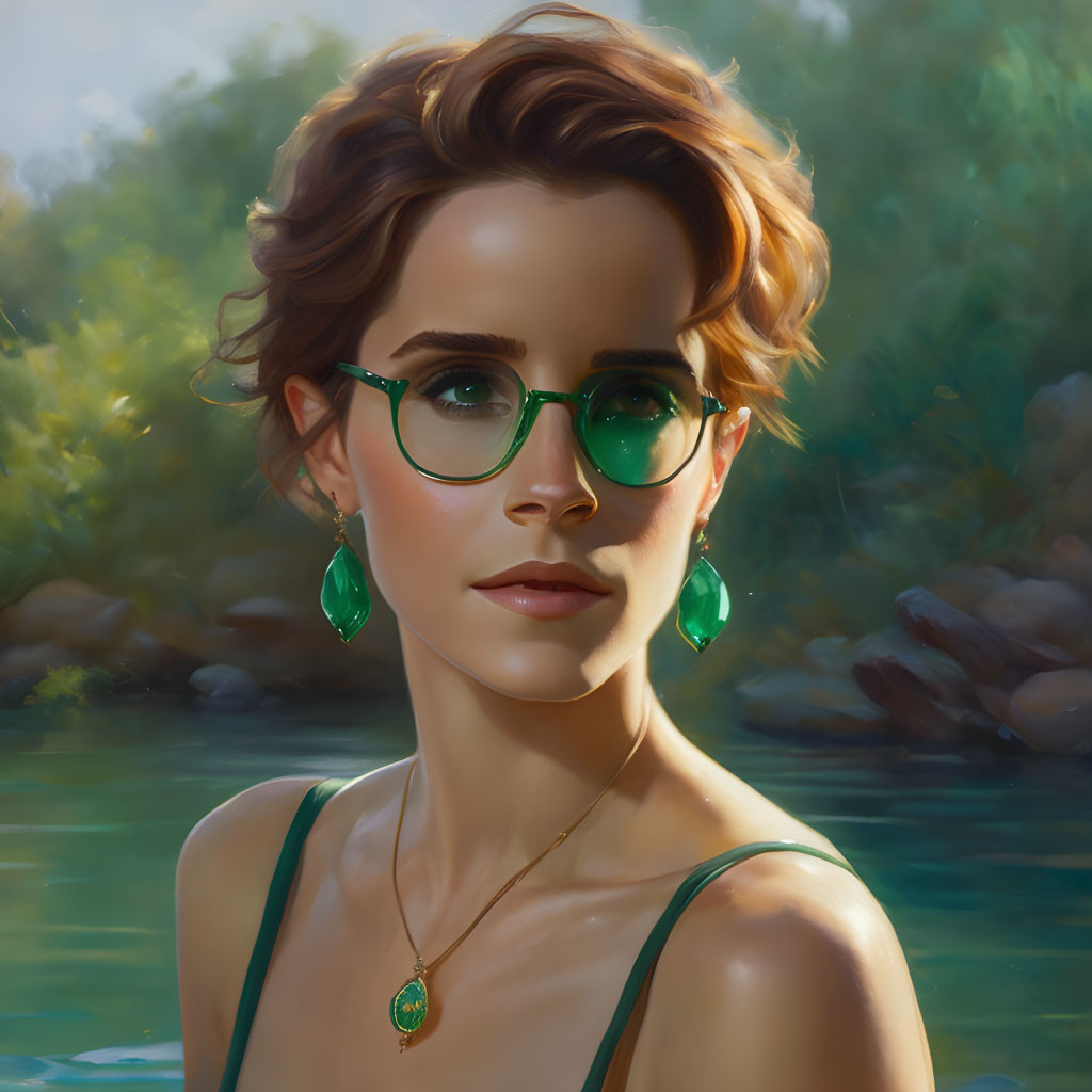 Woman with Short Hair & Green Glasses in Digital Portrait