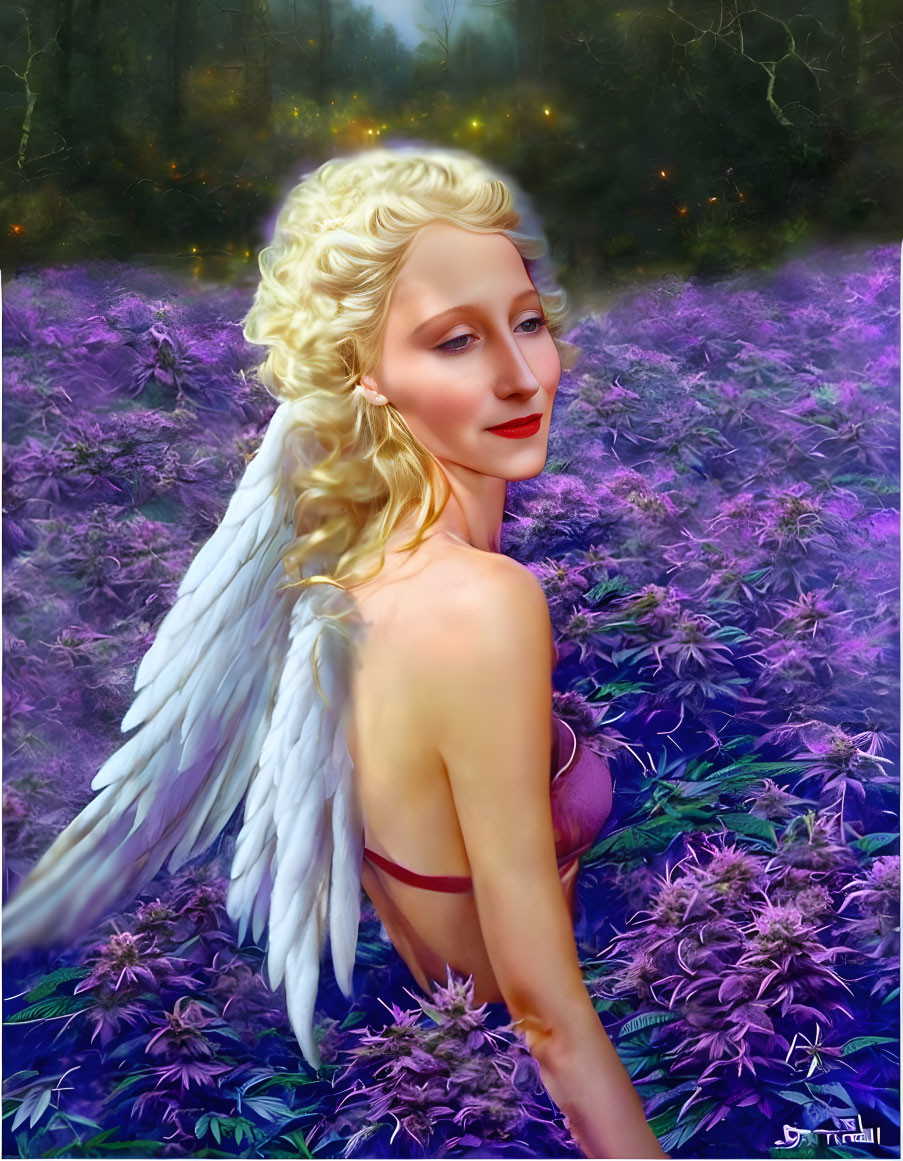 Blonde-Haired Angel in Purple Flower Field