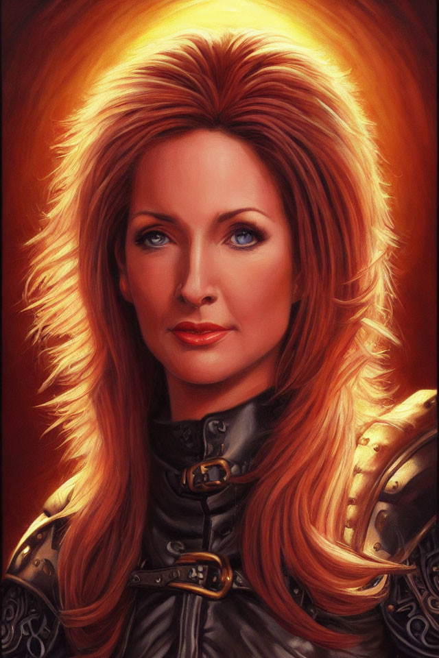 Digital portrait of woman in medieval armor with auburn hair in warm light