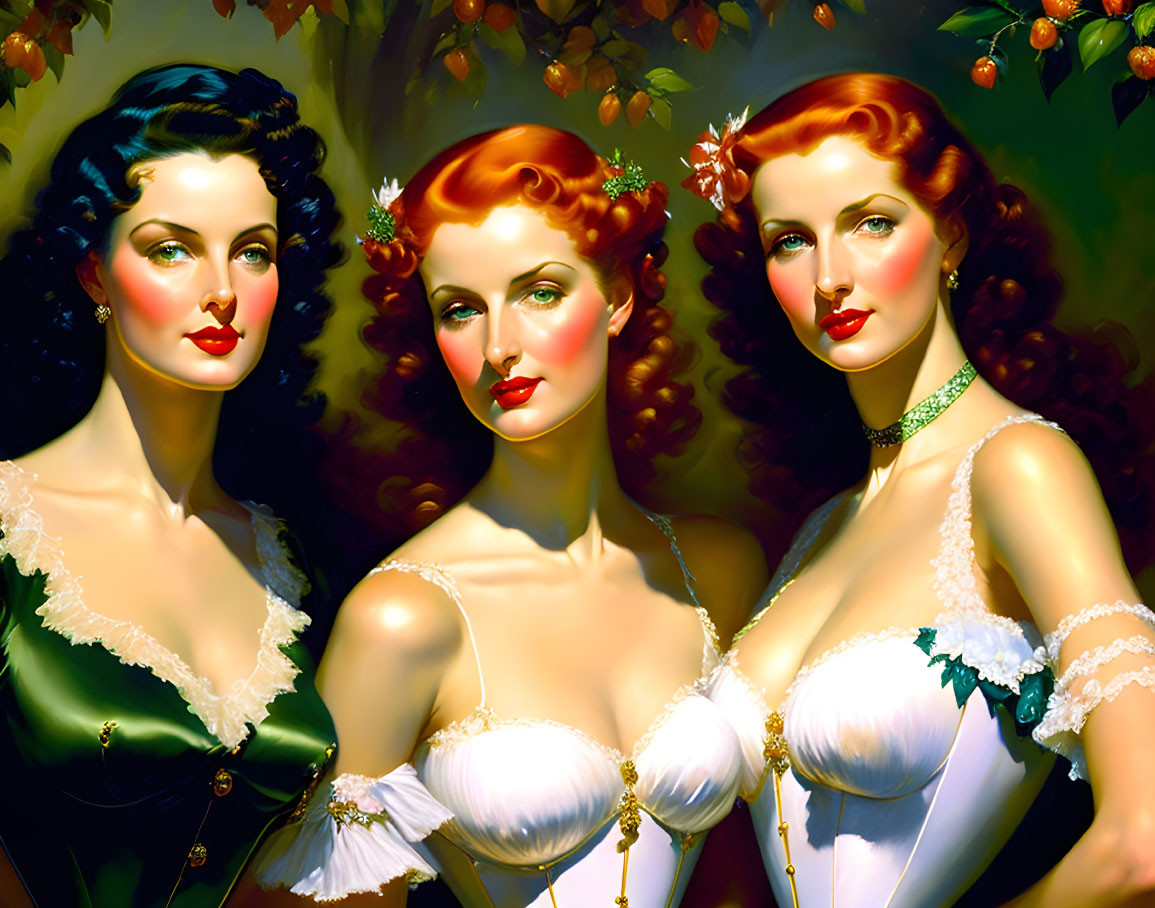 Three Vintage-Style Women in Elegant Attire Painting