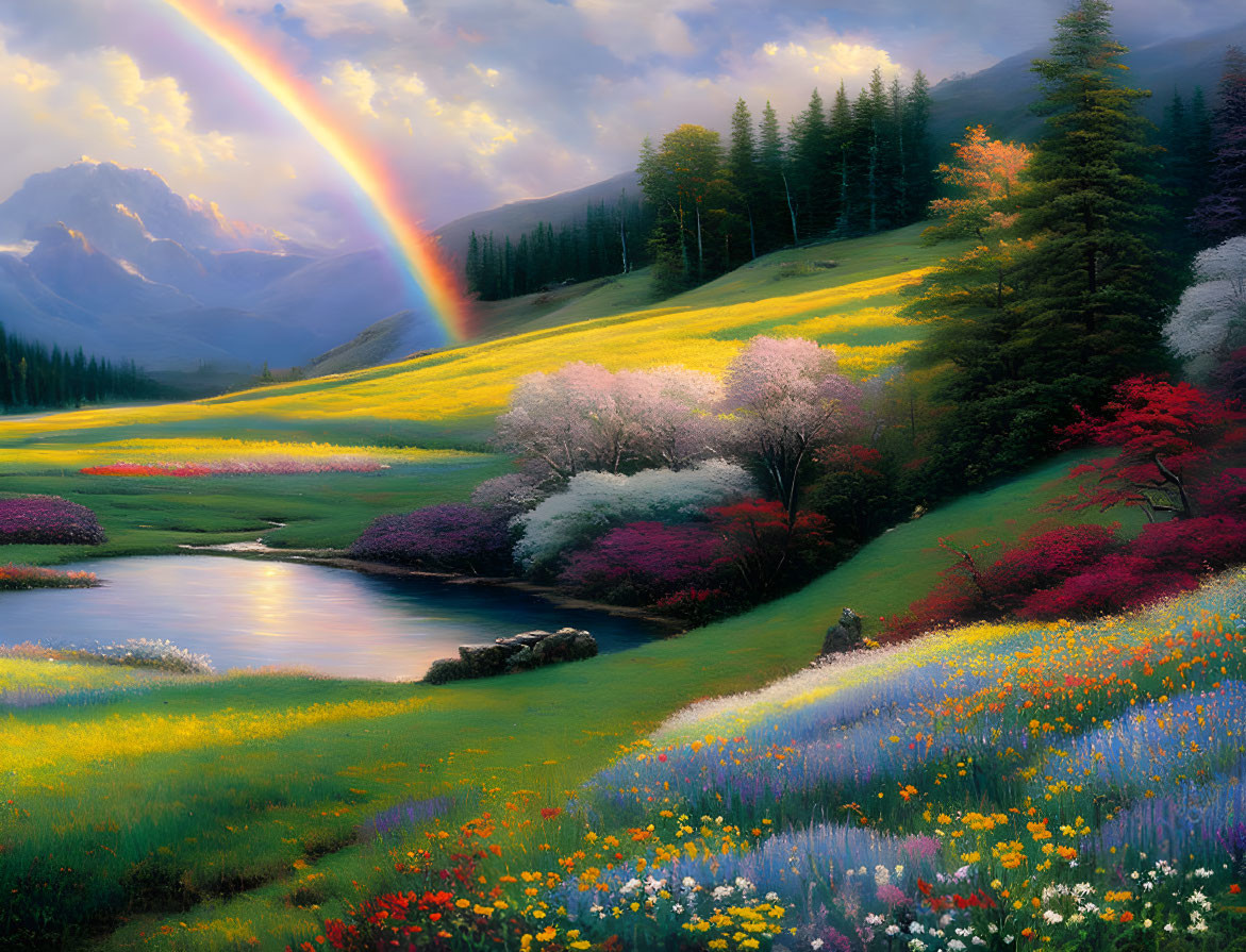 Colorful landscape with river, rainbow, trees, wildflowers, mountains, and sunny sky