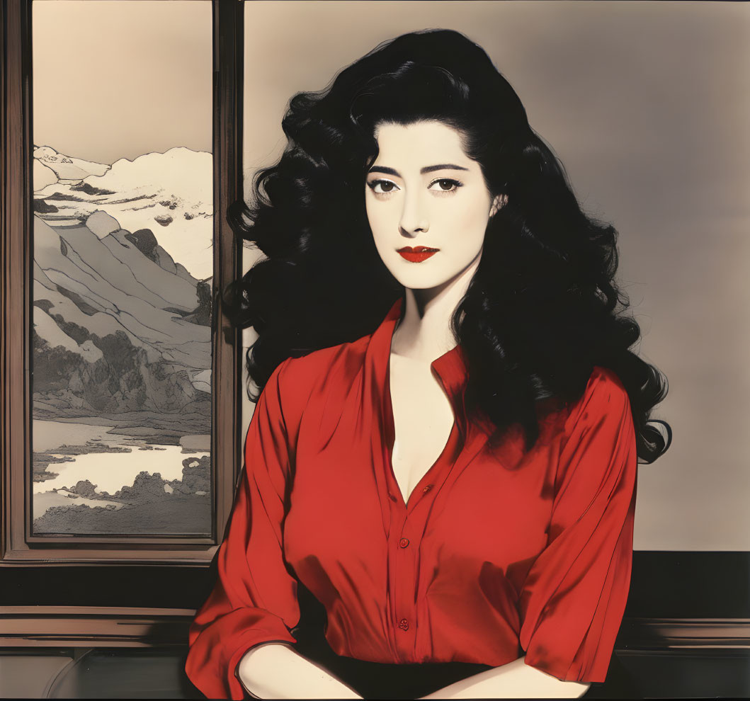 Portrait of woman with dark hair in red blouse on monochrome background.