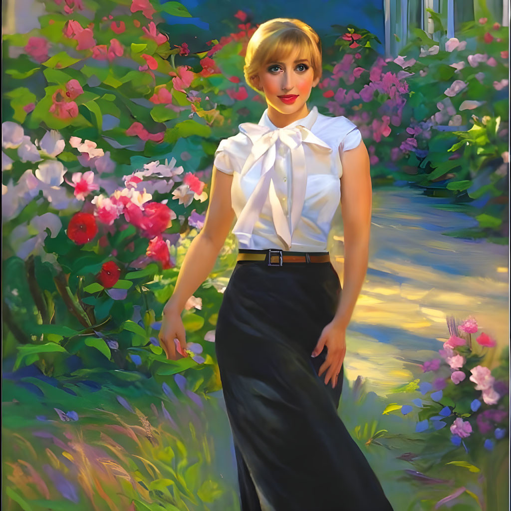 Blonde woman in white blouse and black skirt in sunlit garden