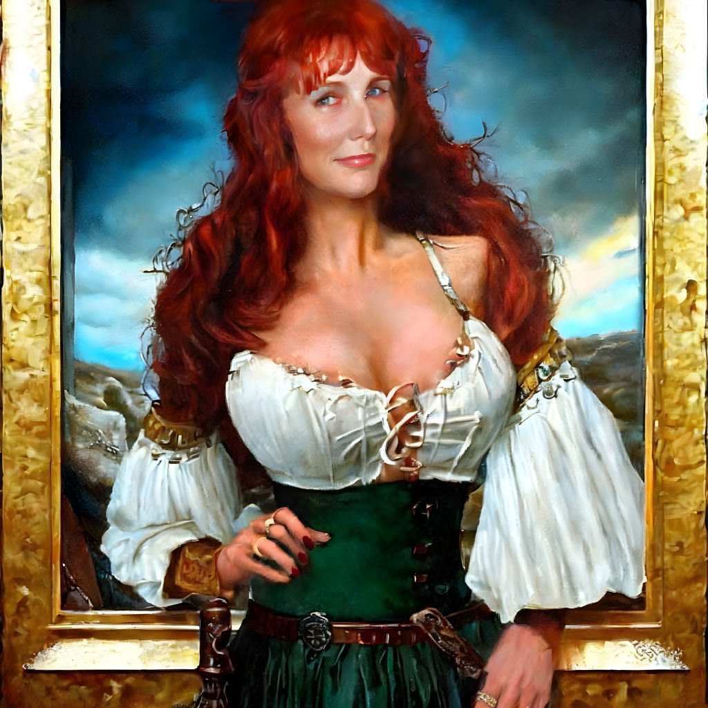 Portrait of Woman with Red Hair in White Blouse and Green Corset on Landscape Backdrop in G