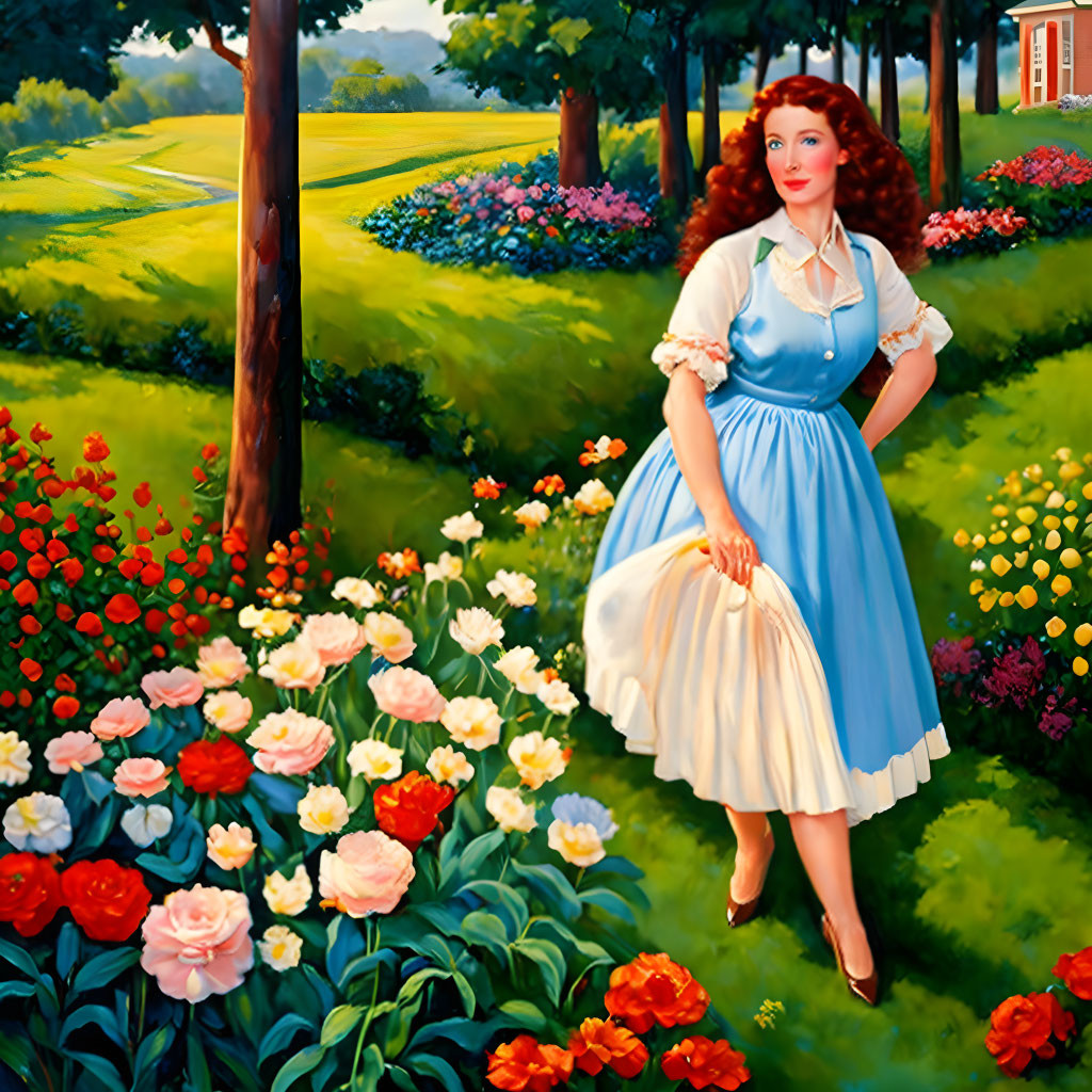 Woman in Blue and White Dress Surrounded by Flowers in Lush Garden