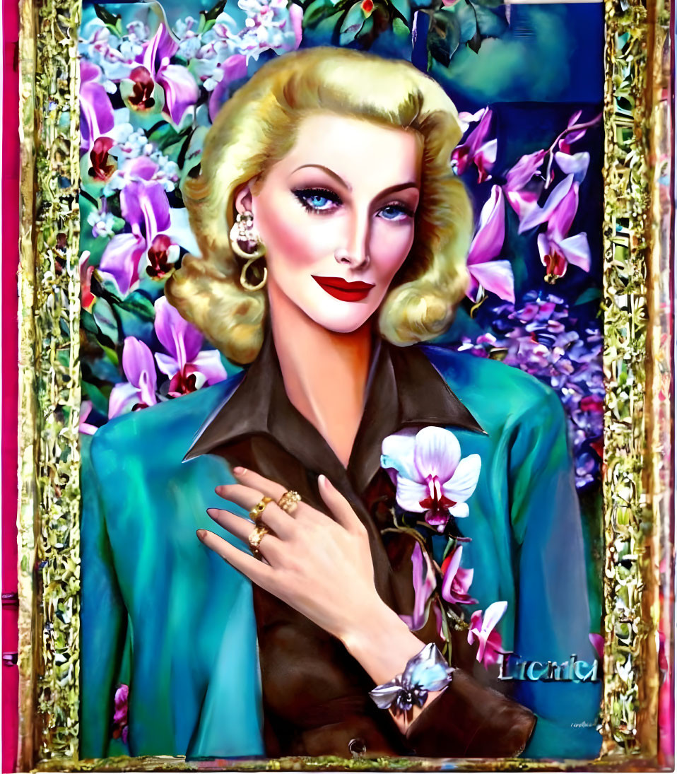 Blond woman in dark blouse with brooch, watch, and earrings amid violet orchids.