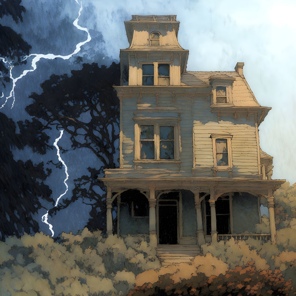 Spooky Victorian house under stormy sky with lightning