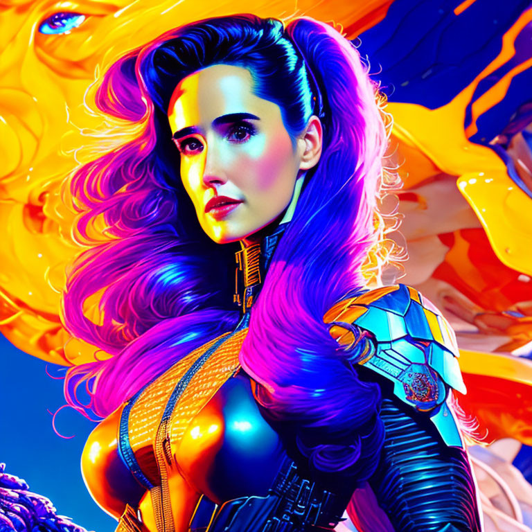 Colorful portrait of woman in futuristic armor with flowing hair against abstract backdrop