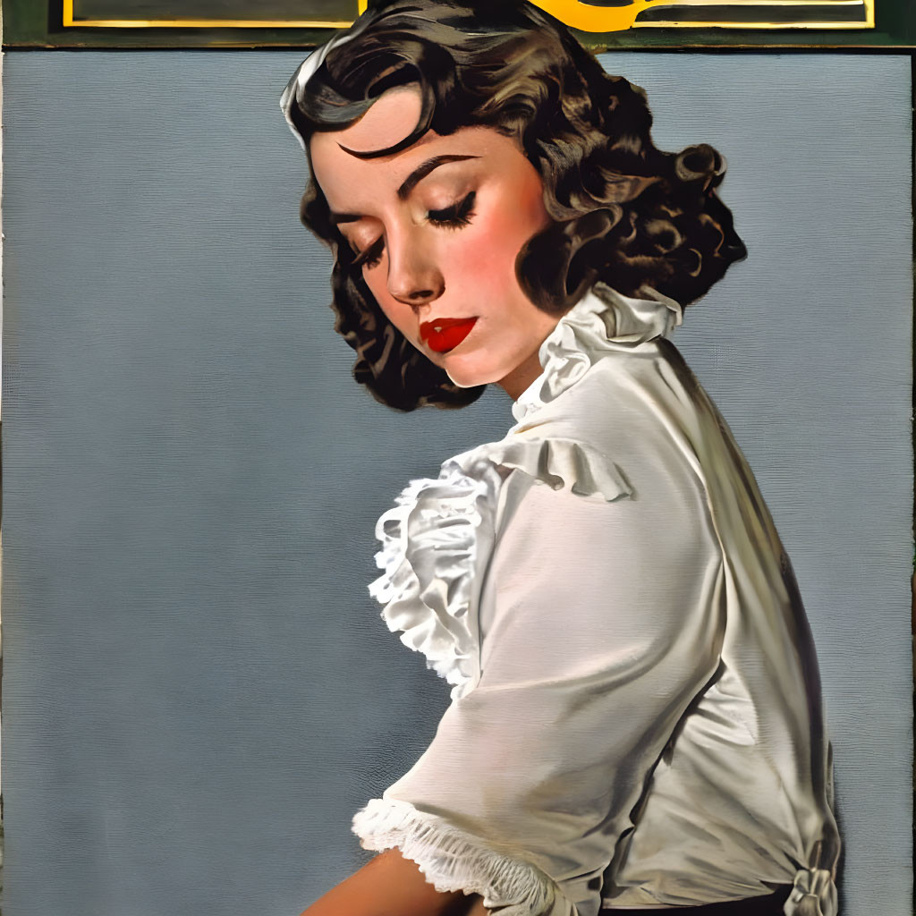 Vintage-style painting: Woman with dark hair, red lipstick, ruffled blouse, grey and yellow backdrop