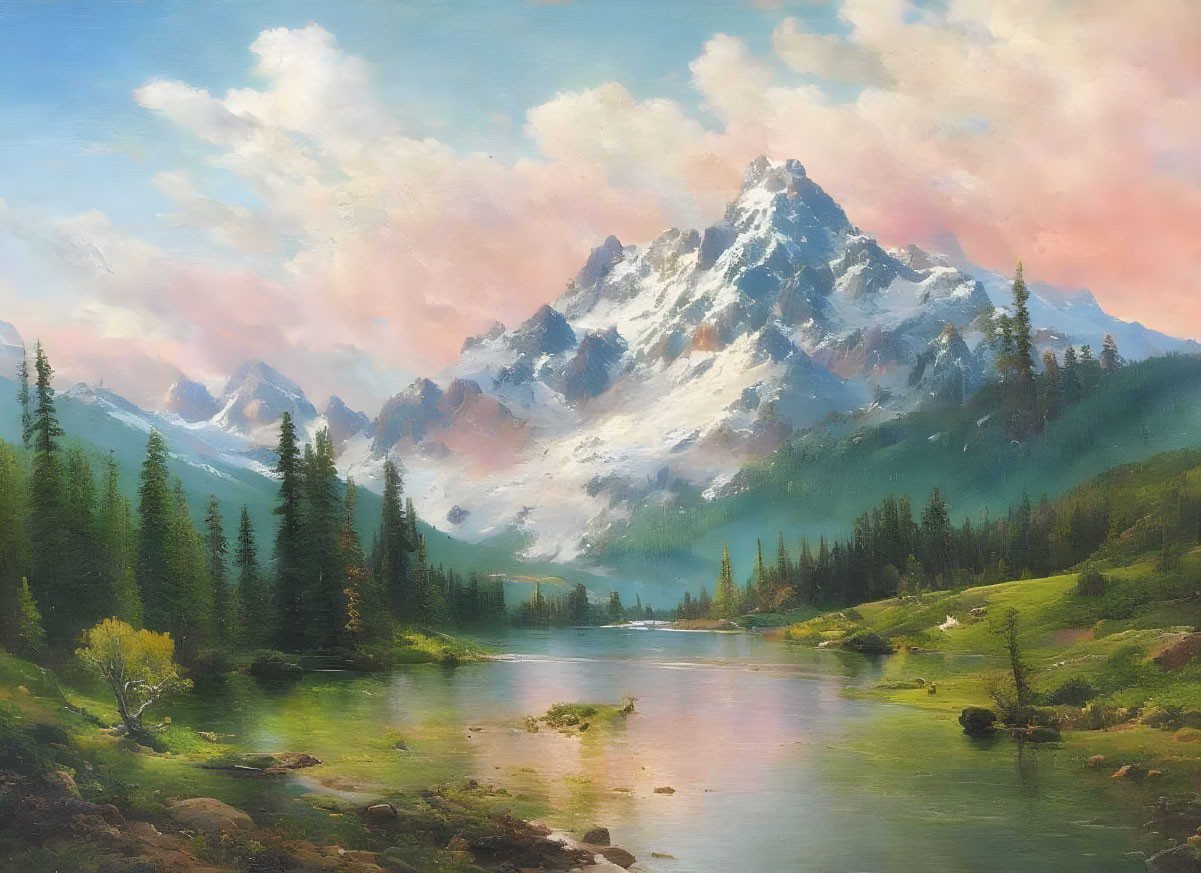 Tranquil river, lush forests, snow-capped mountain in serene landscape