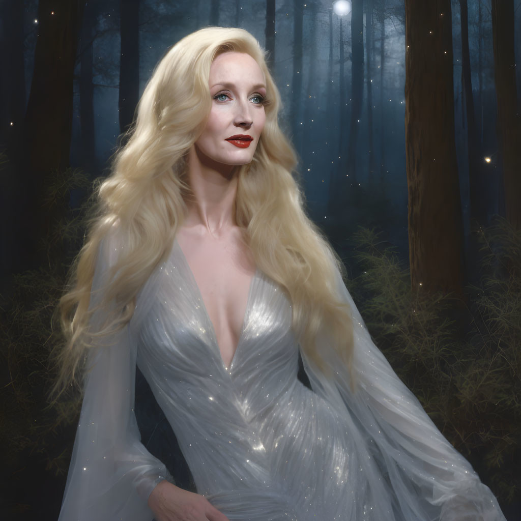 Blonde woman in white dress in misty forest with sun rays