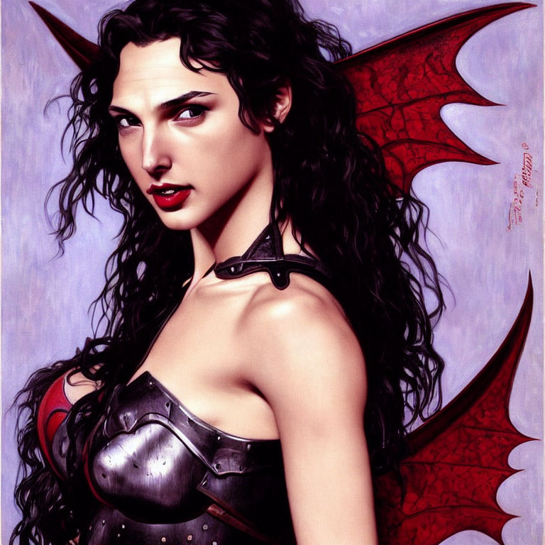 Illustration of a woman with demonic features and red bat-like wings