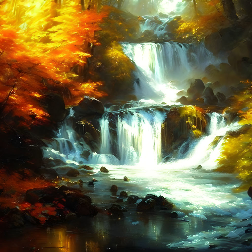 Autumn waterfall scene with sunlight filtering through leaves