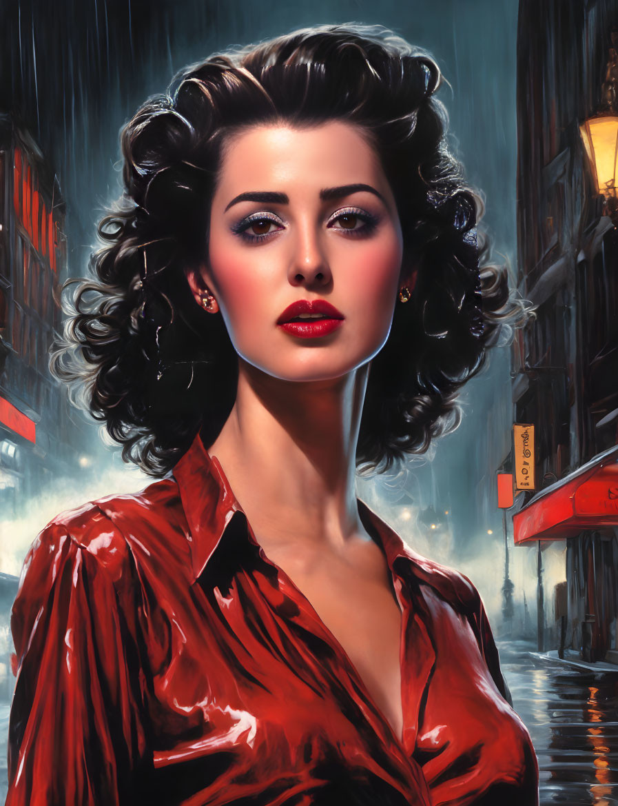 Illustrated portrait of woman with vintage hairstyle in red blouse on rain-soaked city street