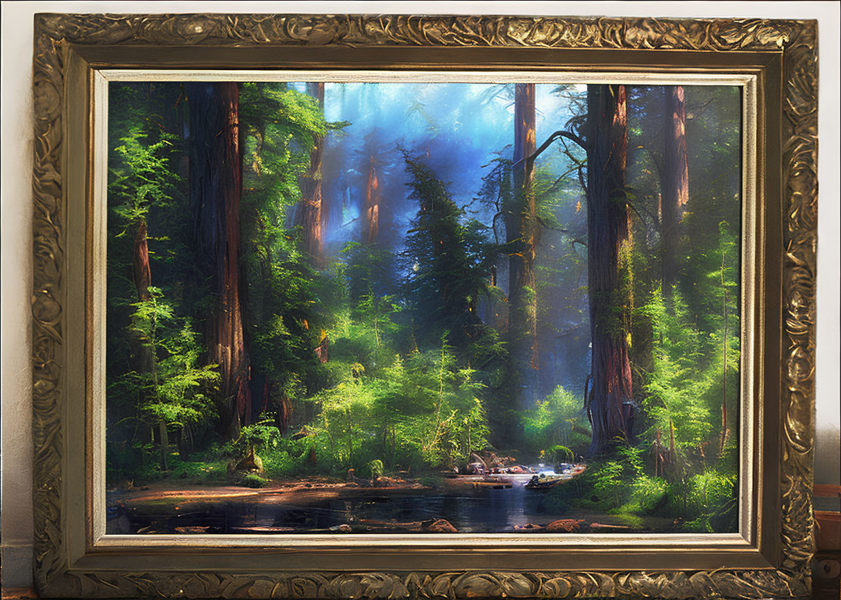 Sunlit forest painting with towering trees, stream, and lush greenery