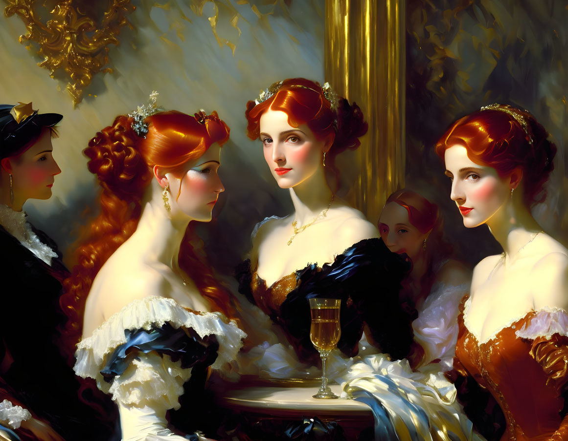 Five women in elegant 19th-century attire with elaborate hairstyles in a luxuriously decorated room.