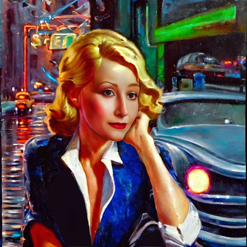 Blonde woman in dark blazer against neon city street