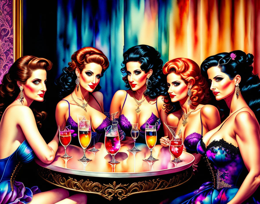 Illustrated women in vintage attire with cocktails at a colorful table