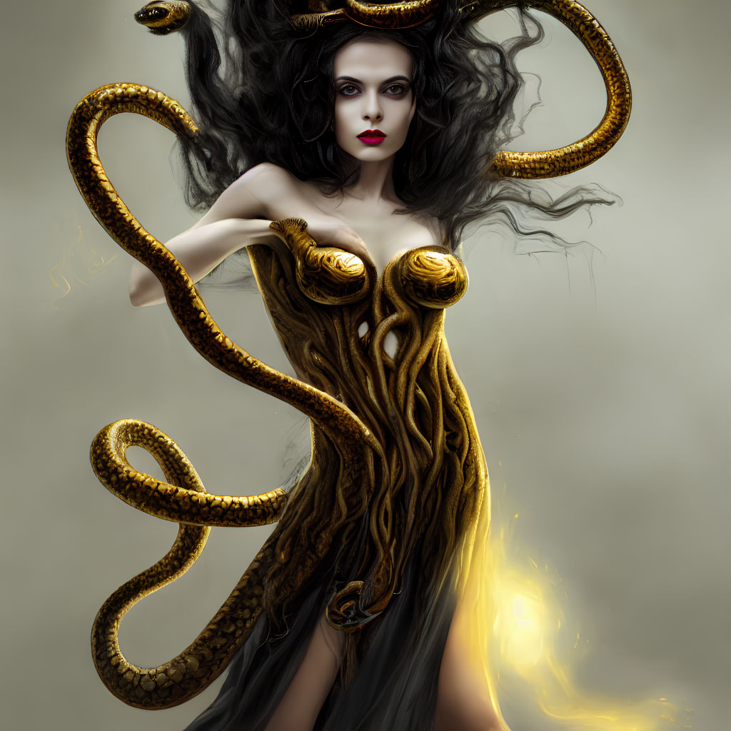 Dark-haired woman with pale skin adorned with serpentine features resembling Medusa.