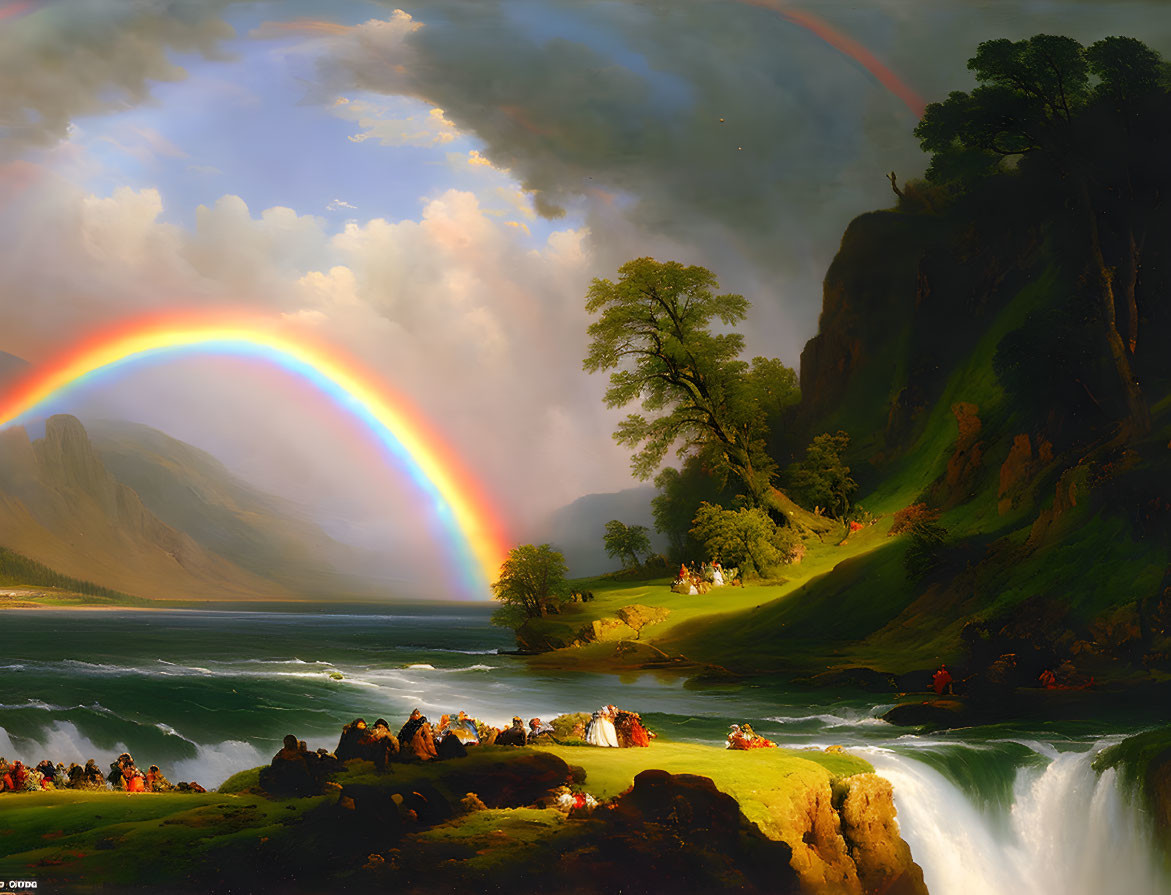 Vibrant rainbow over tranquil river with waterfall and lush trees.