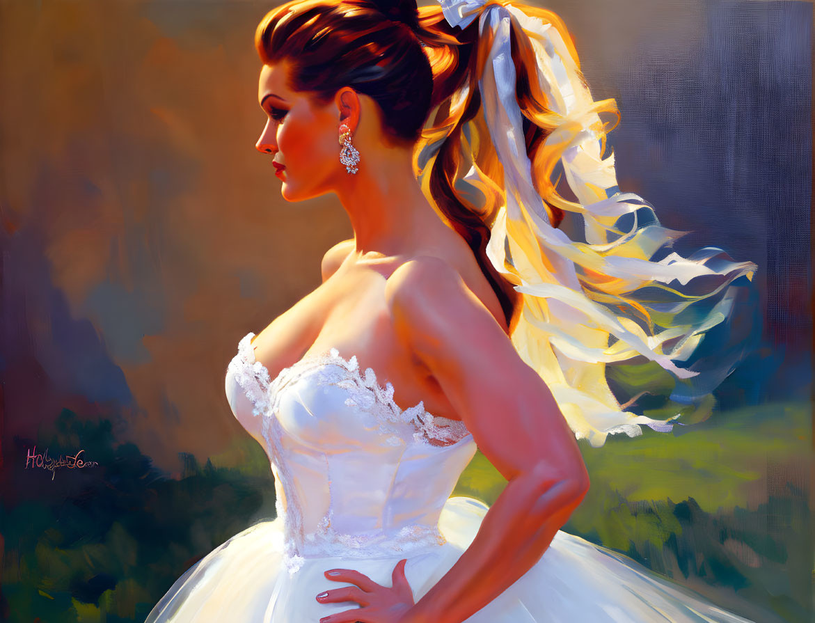 Bride in white gown with flowing veil and elegant updo.