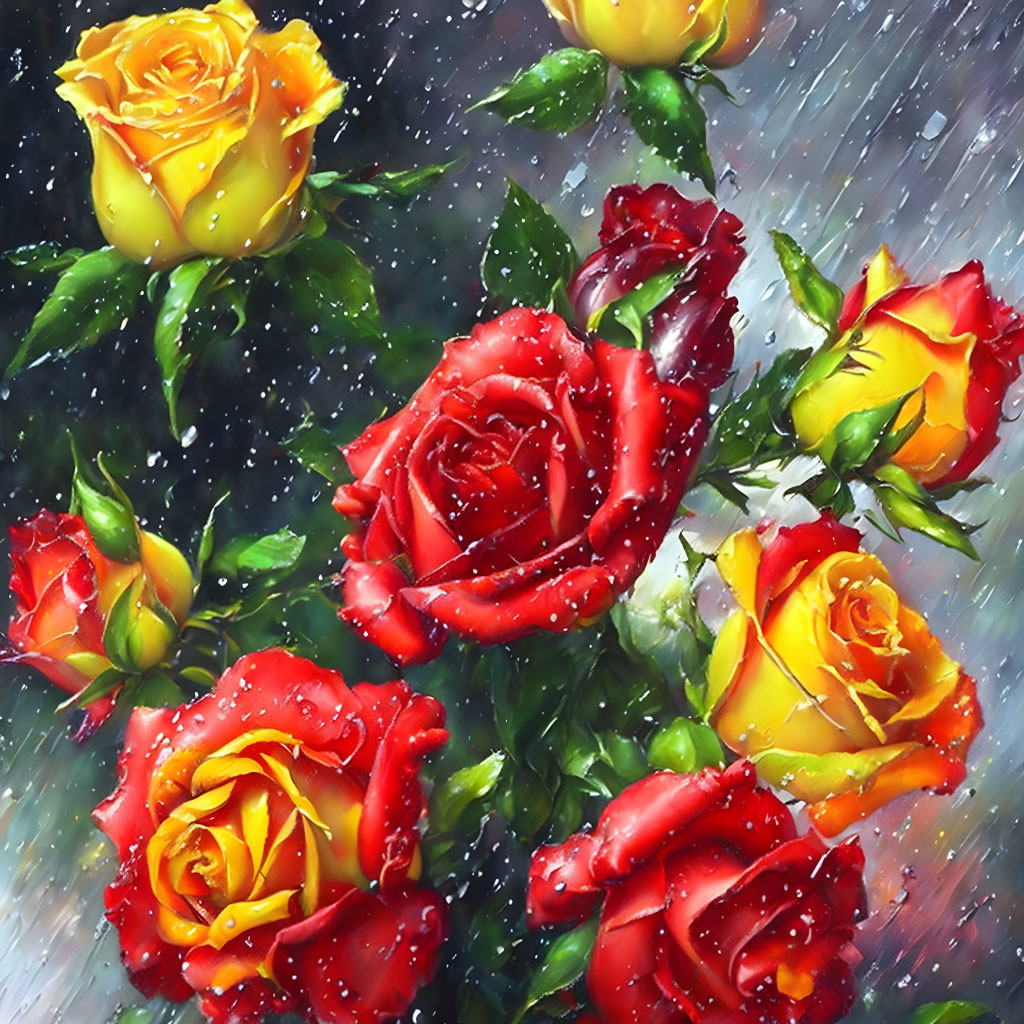 Colorful Roses with Water Droplets on Rainy Background