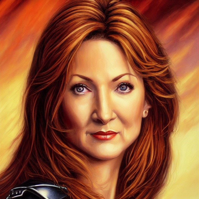 Illustration of Woman with Auburn Hair and Blue Eyes on Amber Background