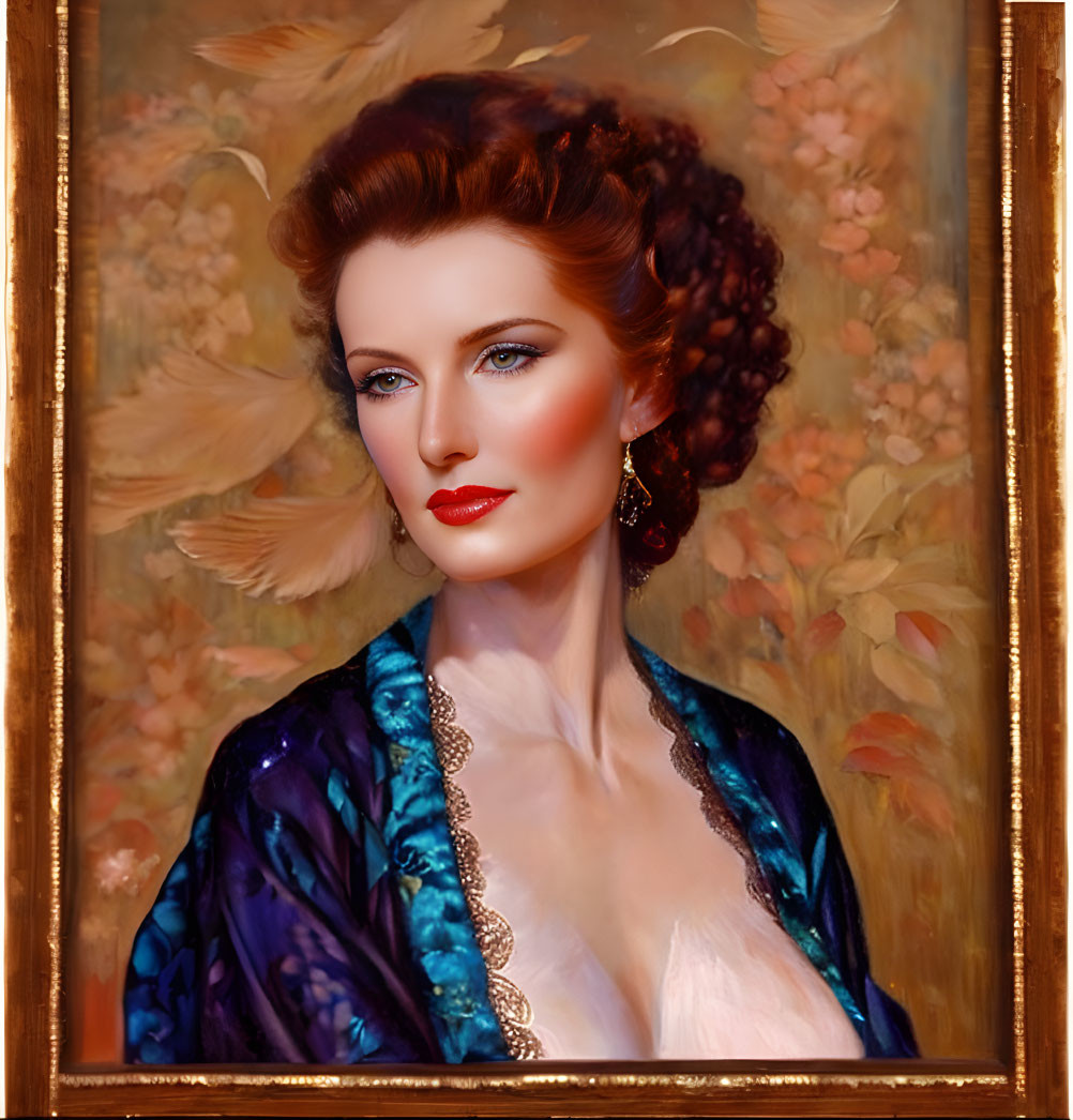 Elegant woman in jewel-toned dress with ornate gold frame