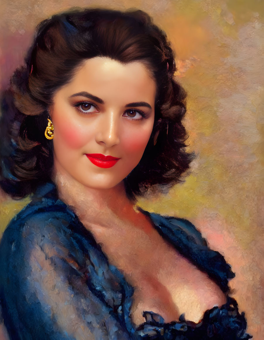 Dark-haired woman in waves, red lipstick, blue dress, and gold earring against warm background