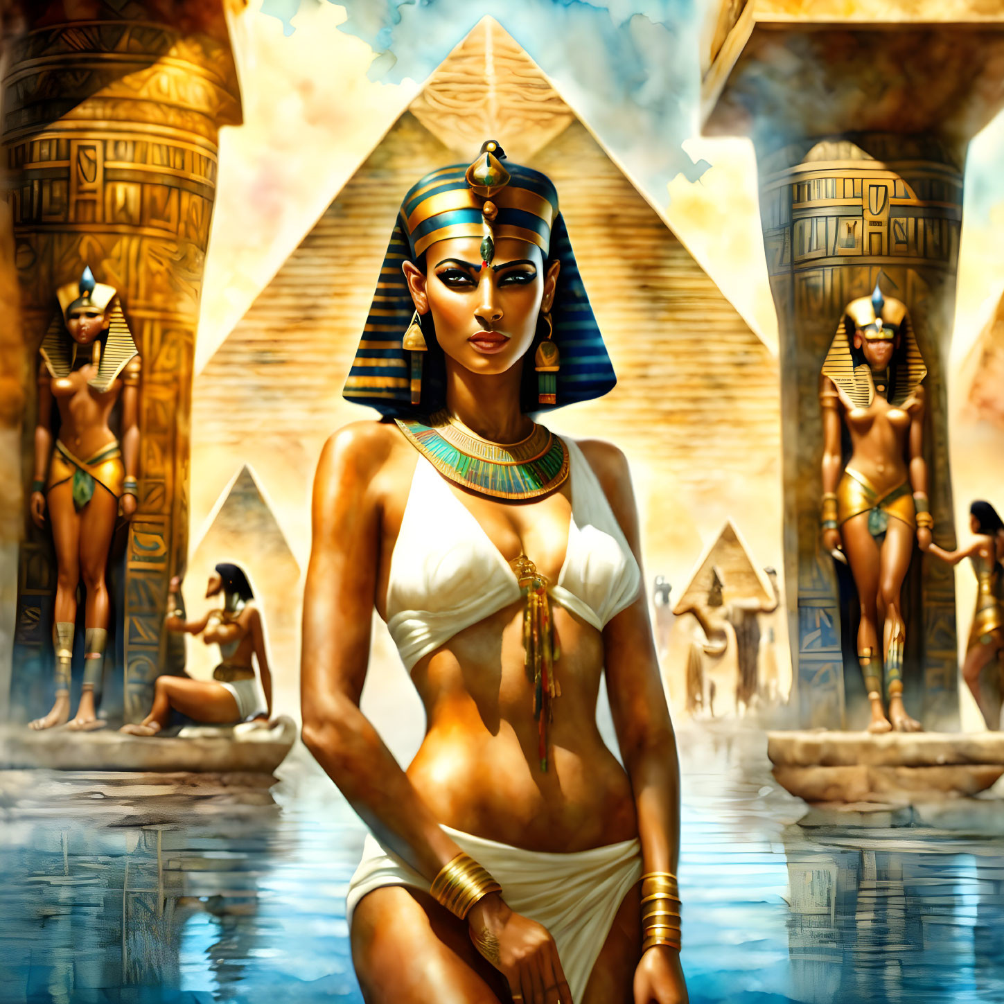 Ancient Egyptian queen in traditional jewelry amidst hieroglyph-covered scenery by water