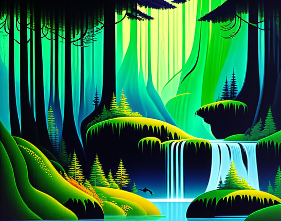 Colorful digital artwork: Mystical forest, waterfalls, neon colors, jumping dolphin silhouette.