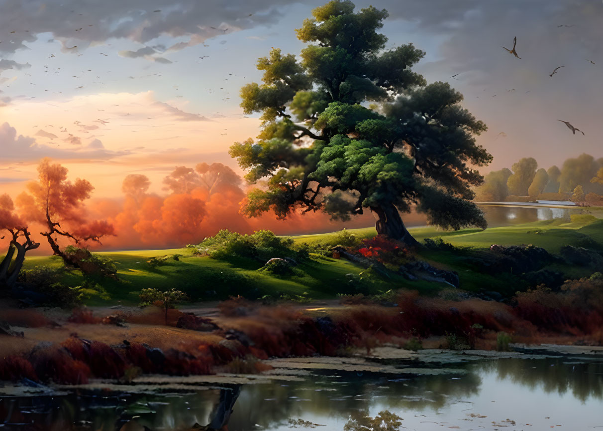 Tranquil sunset landscape with lush tree, rolling hills, calm river