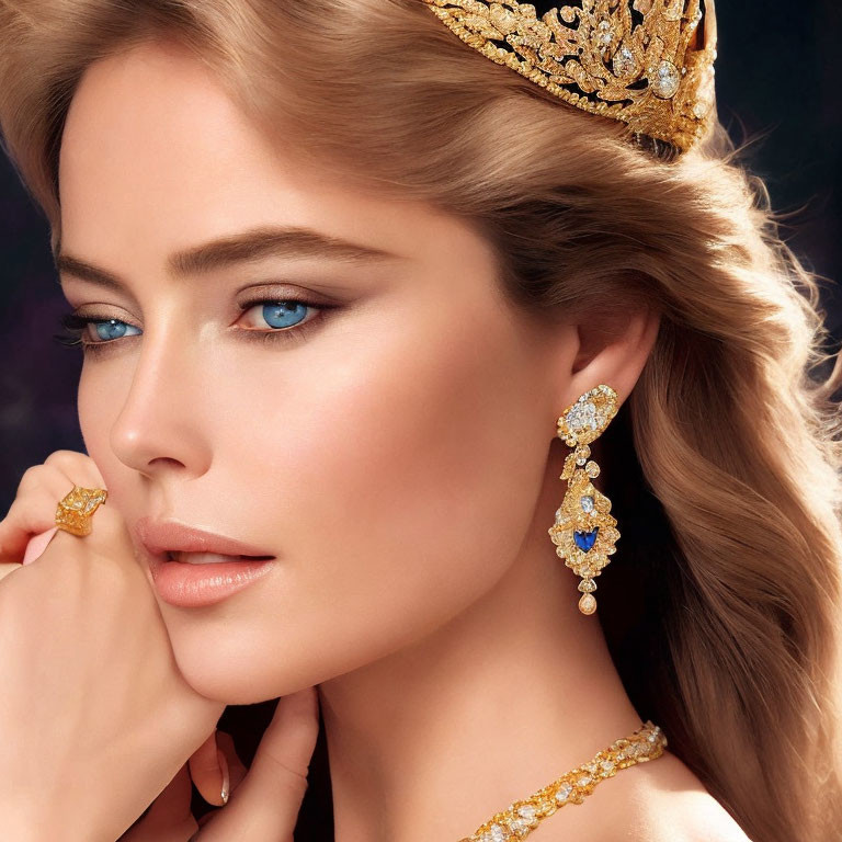 Blue-eyed woman with golden crown and elegant hairstyle against dark background