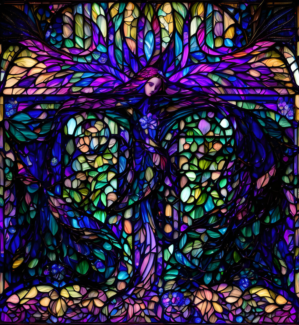 Colorful stained glass artwork with central figure and floral patterns