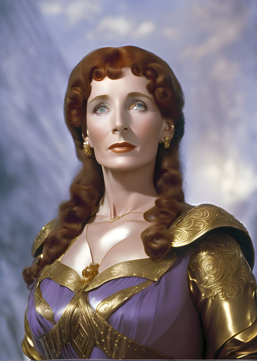 Stylized portrait of a woman in golden armor and purple dress